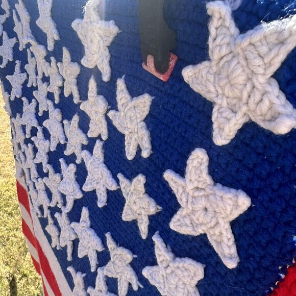 Vintage Hand Knit Crocheted American Flag Patriotic Afghan Throw Blanket 57X33 - Picture 4 of 7